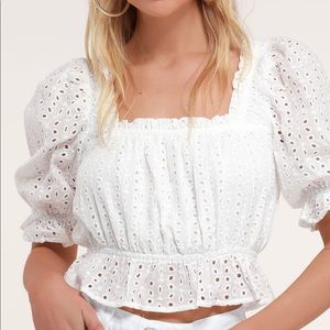 Lulus Aurora White Eyelet Lace Puff Sleeve Top